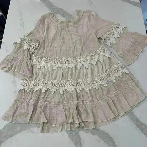 Cactus Embroidered Ruffle Bridgerton Style 3/4 Sleeve Beige Blouse Women’s 2XL - Picture 1 of 6